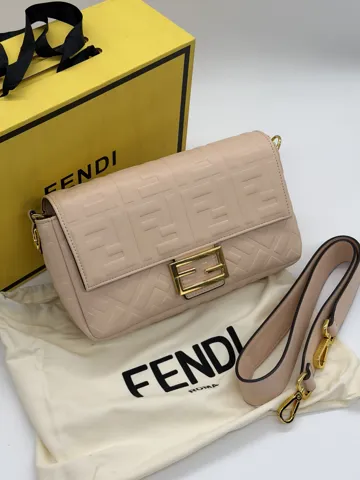 Fendi Baguette FF Embossed Leather Cream / Gold Bag