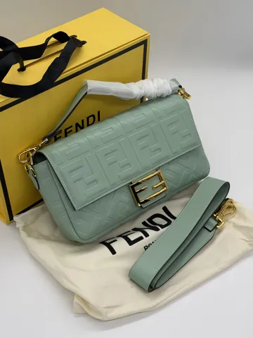 Fendi Baguette FF Embossed LeatherOlive / Gold Bag