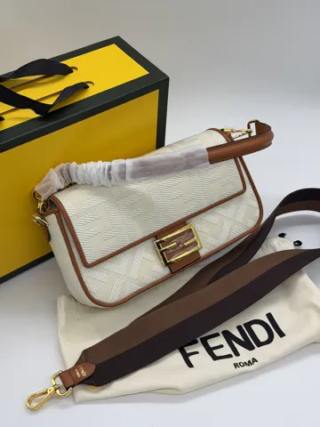 Fendi Baguette FF Embossed Cream / Brown Bag