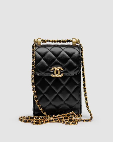 Chanel Pearl Crush Phone Case With Chain Lambskin Black