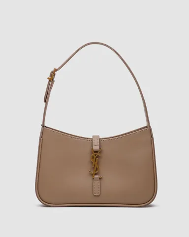 Saint Laurent Hobo Le 5 A 7 Leather Shoulder Bag in Beige/Gold