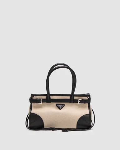 Prada Bonnie Small Handbag in Canvas and Leather Beige/Black