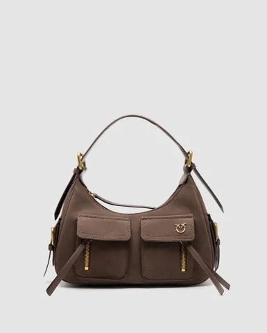 Pinko Suede Cargo Shoulder Bag Brown/Gold