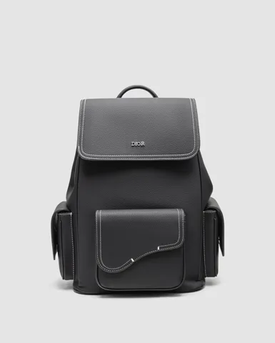 Dior Saddle Backpack with Flap in Black Grained Calfskin