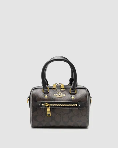 Coach Rowan Satchel Zip In Signature Canvas Brown with White Stitches