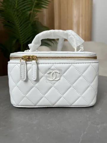 Chanel Classic White Lambskin Pearl Crush Vanity Bag White